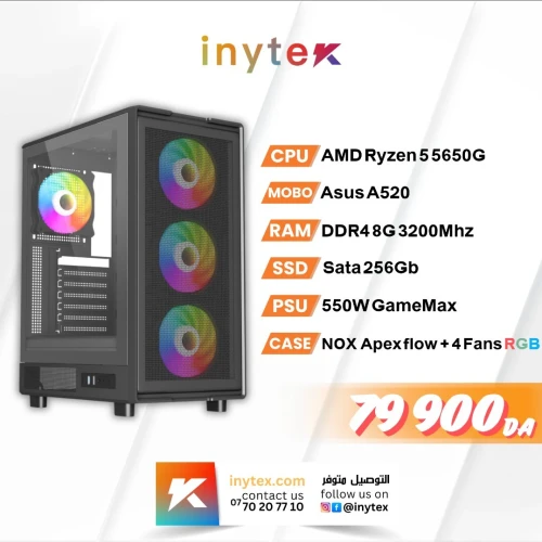 Unite Gamer montage Ryzen 5 5650G A520 Asus DDR4 8G SSD 256GB CASE NOX APEX FLOW plus 4Pcs Fan RGB