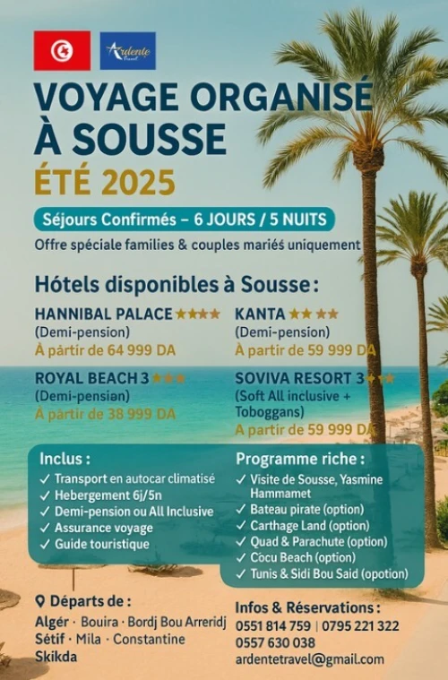 VOYAGE ORGANISÉ À SOUSSE ÉTÉ 2025