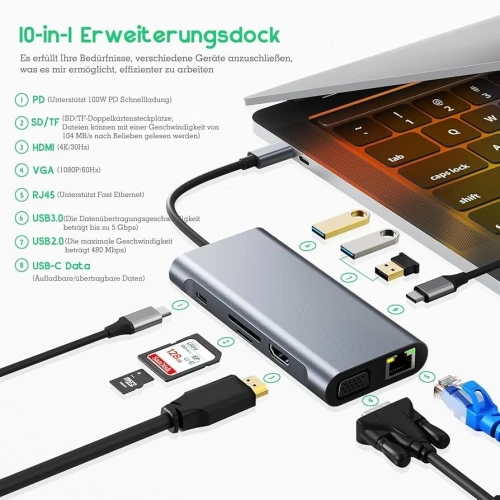 Hub combo 11 en 1 Type-C vers LAN SD CSD 4 USB 30 Audio HDTV VGA