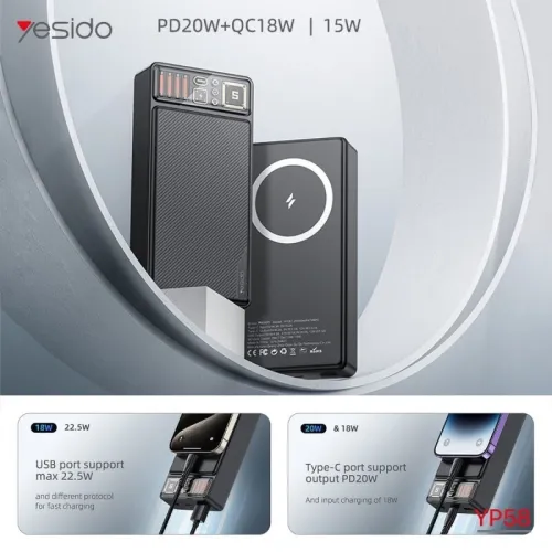 Power Bank Yesido YP58 Wireless Fast Charge 20000 mAh 15W Batterie Externe Mobile