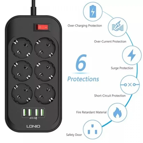 MULTI PRISE MOBILAND LDNIO 06 PRISE + 4 PORT USB 2500W SE6403