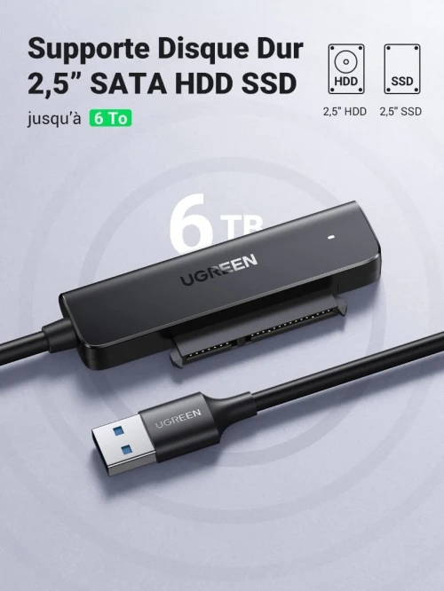 RACK UGREEN USB vers SATA 2.5" 50cm Réf 70609 USB 3.0 Haute Vitesse Compatible SSD HDD SATA 6Gbps Plug & Play