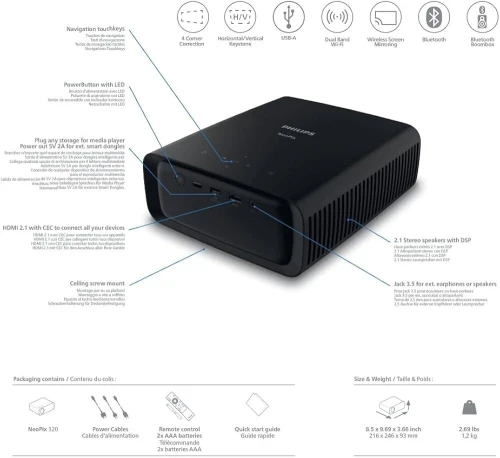 PROJECTEUR PHILIPS NEOPIX 110 WIFI AFFICHAGE HD & CONNECTIVITÉ SANS FIL