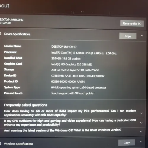 Laptop lenovo tactile i5 / 20GB RAM / SSD 256GB
