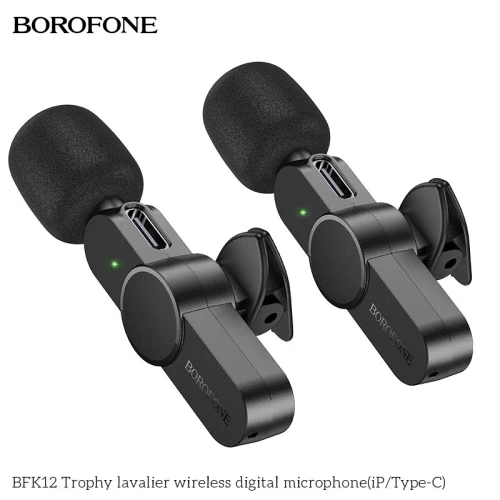Double microphone Borofone BFK12 sans fil Lavalier USB Type C / Lightning Trophy