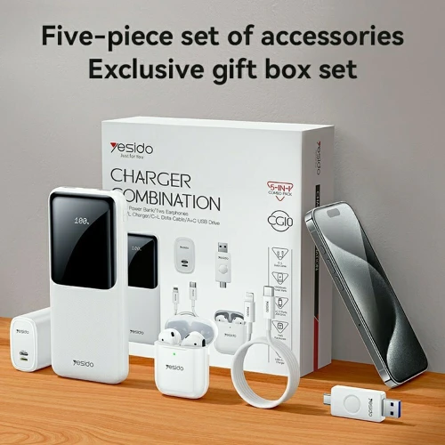 YESIDO CG10 Ensemble Multifonction 5 en 1 10000mAh avec Écouteurs TWS Chargeur Mural  Câble Clé USB