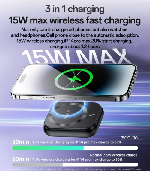 Yesido YP59 Power Bank 3 en 1 chargeur Téléphone, AirPods, Smartwatch,USB-C 20W, charge sans fil 15W
