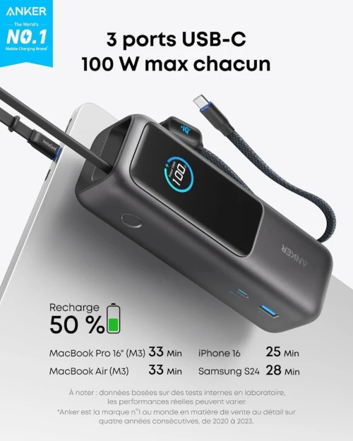 Power Bank Anker Zolo 25000mAh 165W 3 Ports USB-C 100W , câble intégré+câble rétractable