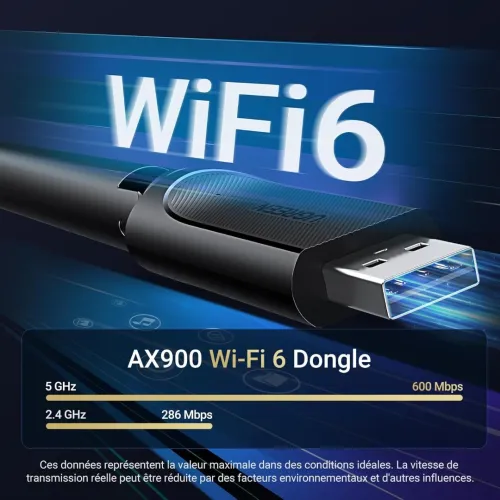 UGREEN Clé USB WiFi 6 AX900 Antenne WiFi à Gain Élevé 6dBi Double Bande & Pilote Intégré