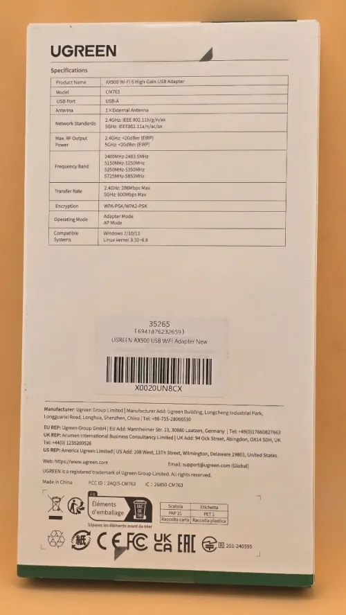 UGREEN Clé USB WiFi 6 AX900 Antenne WiFi à Gain Élevé 6dBi Double Bande & Pilote Intégré