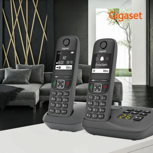 Gigaset A695A Duo - 2 téléphones DECT sans fil avec répondeur - écran à haut contraste - excellente qualité audio - profils sonores réglables - fonction mains libres, protection des appels, gris