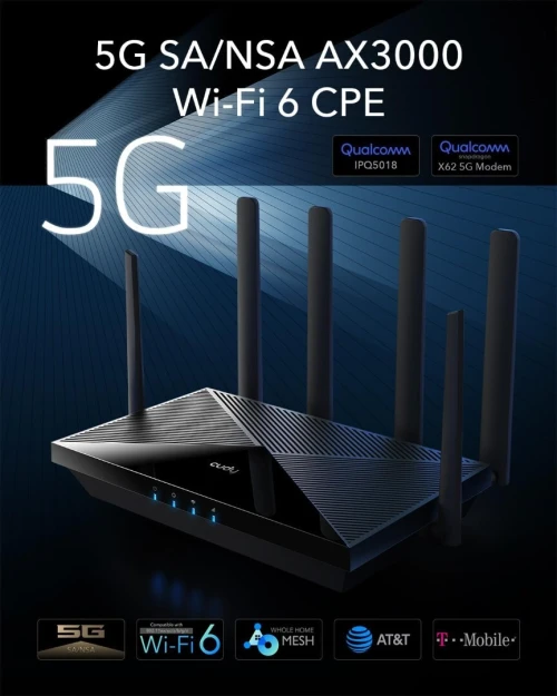 Cudy P5 Routeur 5G NR SA NSA WiFi 6, AX3000 Dual SIM, Qualcomm IPQ5018, SDX62, 4 x 4 MIMO, Open VPN