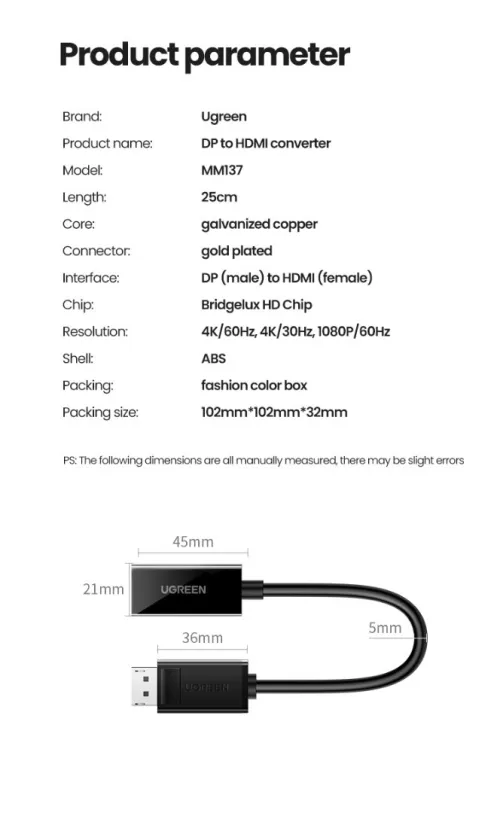 UGREEN Adaptateur DisplayPort Mâle Vers HDMI Femelle 4K 30Hz