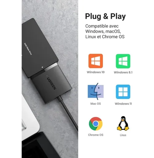 Ugreen  Convertisseur USB 3.0 vers disque dur SATA avec Alimentation 12V - 2A