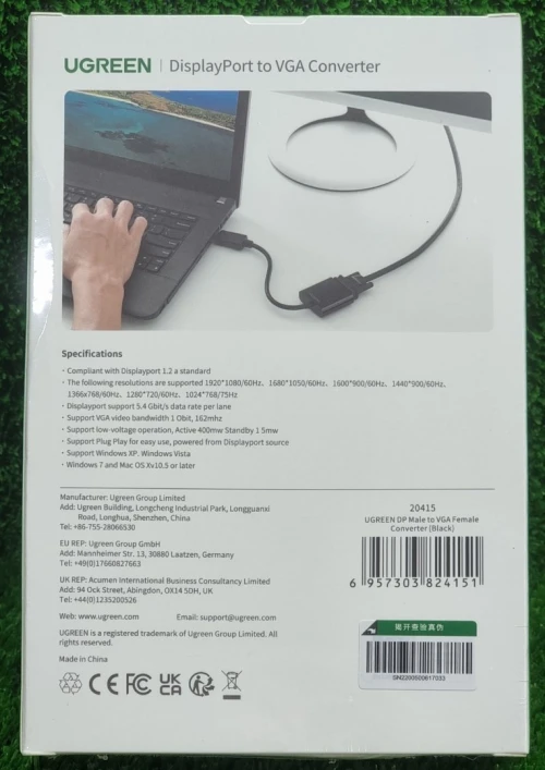 UGREEN CONVERTISSEUR DisplayPort DP MÂLE VERS VGA FEMELLE 