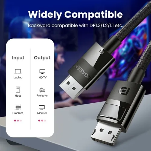 UGREEN Câble DisplayPort 1.4 8K 60Hz 4K 240Hz Aluminium Mâle vers Mâle HDR GSync Nylon Tressé 1M 2M