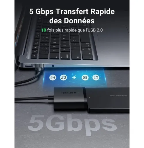 Ugreen  Convertisseur USB 3.0 vers disque dur SATA avec Alimentation 12V - 2A