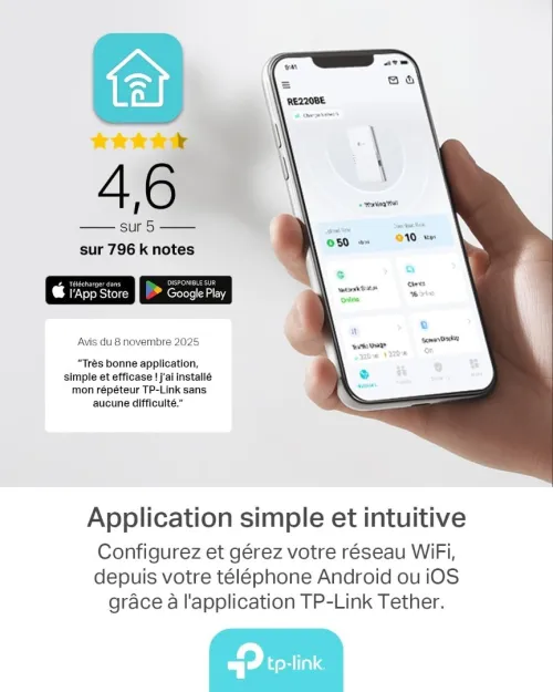 TP-Link Répéteur WiFi 7 RE220BE, Amplificateur WiFi Puissant 3.6Gbps, Port Ethernet Gigabit, Couvre jusqu'à 150 m, Compatible avec Toutes Les Box Fibre