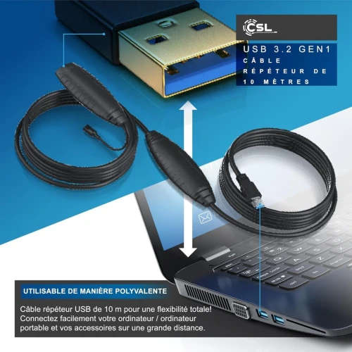 CSL rallonge USB 3.2 Gen1 avec amplificateur Actif répéteur 10 mètres - USB Male Femelle plaqués Or
