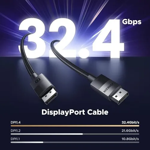 UGREEN Câble DisplayPort 1.4 8K 60Hz 4K 240Hz Aluminium Mâle vers Mâle HDR GSync Nylon Tressé 1M 2M