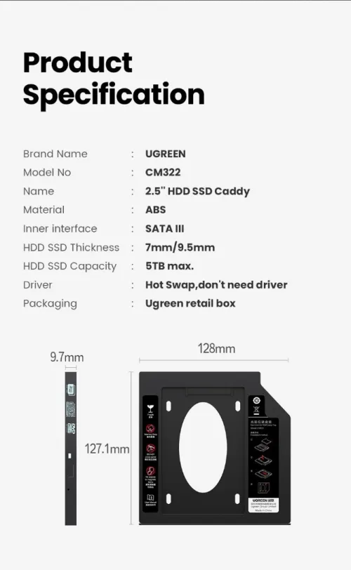 UGREEN Adaptateur de Caddy baie optique DVD-ROM Disque Dur 9.5 mm SATA pour Ordinateurs Portables