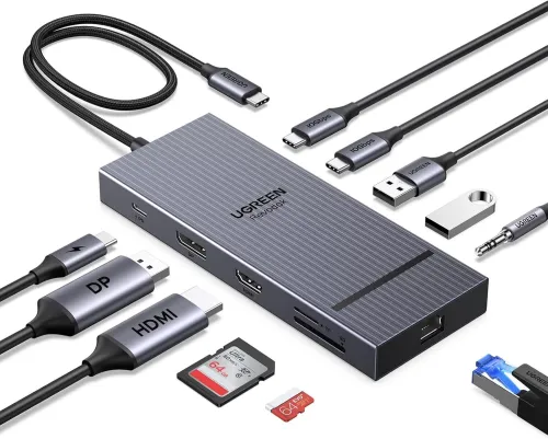 UGREEN Revodok Pro Hub USB C HDMI 4K60Hz DisplayPort 4K120Hz 11 en 1 / Ethernet Gigabit + 10Gbps + PD 100W + Carte SD TF 3.5mm