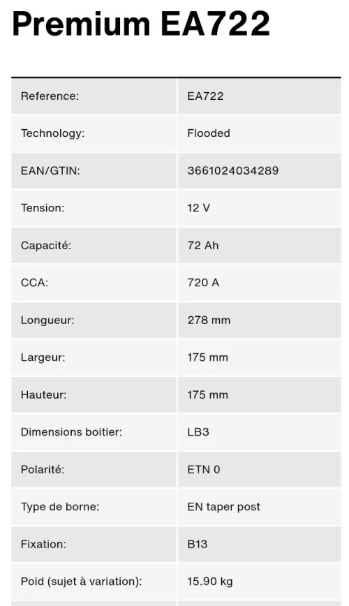 Batterie EXIDE 72ah premium 