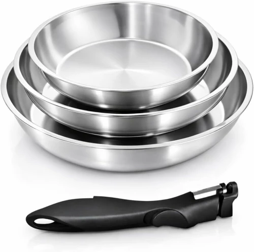 Set de 3 Poêles en Inox Haute Qualité - Induction & Four, Poignée Amovible, Cuisson Saine - 20/24 / 28 cm