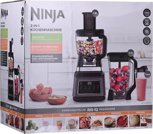 Ninja 3-en-1 Robot de cuisine et mixeur avec 5 programmes: Mixer, Mixer Max, Hacher, Mélanger, Purée, Bol 1,8L, Cruche 2,1L, Tasse 700ml, 1200W, lavables au lave-vaisselle, Auto-iQ, Noir BN800EU