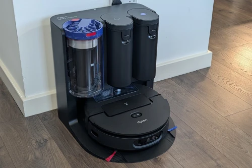 Dyson Spot+Scrub spirateur robot laveur sec et humide, rouleau humide auto-nettoyant 4 fois puissance d'aspiration sur tapis vidage automatique, élimination des taches par IA (Noir/Bleu)