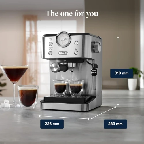 De'Longhi Linea Classic EM450.M Machine à café manuelle avec tige vapeur, machine à expresso avec pompe barista, buse pour cappuccino, filtre double paroi, 15 bar, tasse jusqu'à 13 cm, acier