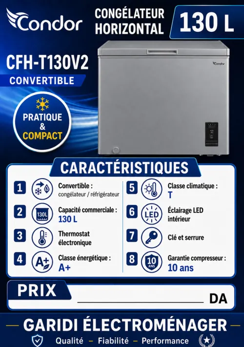 Congélateur Coffre Condor 130L (Gris/blanc) Convertible  CFH-T130V2G  Neuf