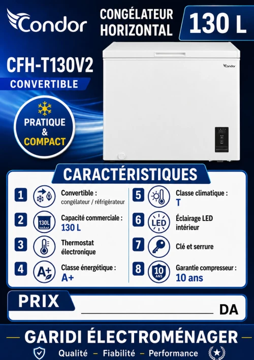 Congélateur Coffre Condor 130L (Gris/blanc) Convertible  CFH-T130V2G  Neuf