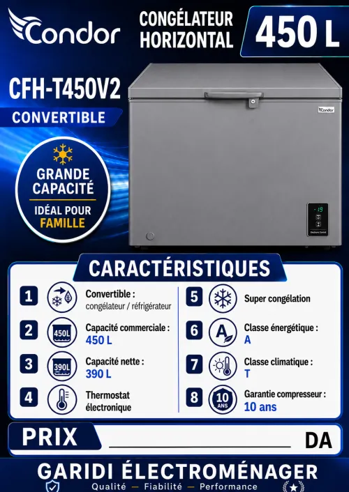 Congélateur Coffre Condor 450L Blanc Convertible  CFH-T450V2W  Neuf