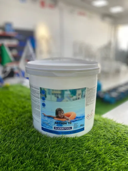 Produits et Outils d'entretien Piscine ( PH Moins, Chlore choc, Action 10, liquide anti-algue)