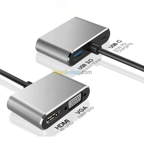 Adaptateur HUB 4 en 1 type-c to HDMI 4K + VGA 1080P + USB 3.0 + Type-c PD 87W