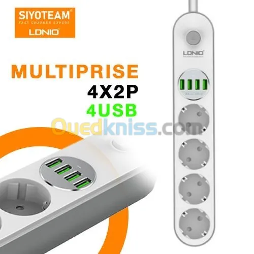 Multiprise 4 Prises + 4 ports Usb -siyoteam SE4432 Blanc