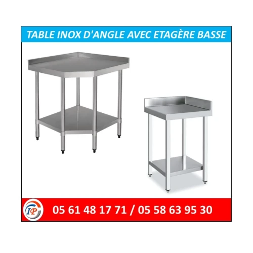 TABLE INOX D'ANGLE AVEC ETAGÈRE BASSE