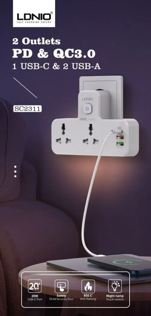 MULTIPRISE LDNIO SC2311 AVEC 3USB 20W ET 2PRISES ÉLECTRIQUES ET VEILLEUSE