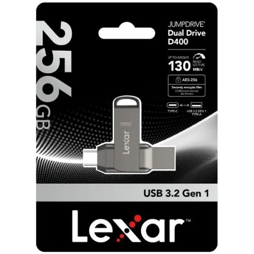 Cle USB Lexar JumpDrive D400 USB 3.2 Type-C  jusqu'à 130 Mo/s en lecture 256GB métallique.