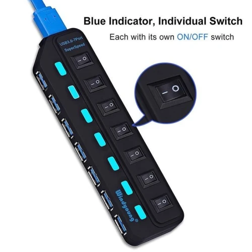 Hub USB 3.0 7Ports USB Avec Interrupteur Marche/Arrêt Pour PC Mac OS et adaptateur d'alimentation