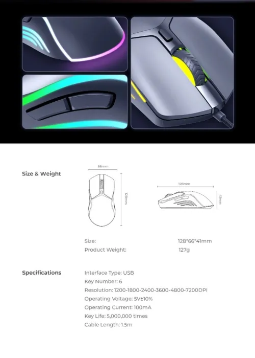 Souris Gaming Filaire Havit MS1029 - 7200 DPI Ajustables, Rétroéclairage RGB et 6 Boutons Programmables