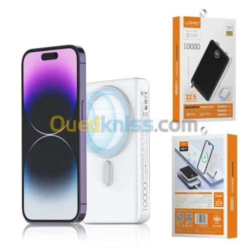 Power Bank LDNIO PQ17 10000mAh Magnétique Sans Fil  Charge Rapide 22.5W, Écran LED,