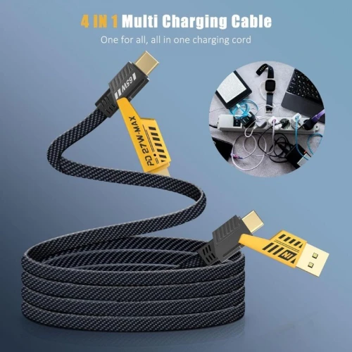 Chargeur de voiture rapide double port 45W LED et câble 4en1 (4 Connecteur USB et Type C et Lightning).