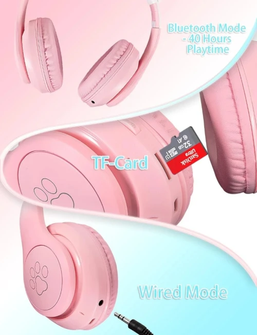 HOCO casque sans fil W42 avec oreilles de chat compatible avec les modes AUX et carte TF