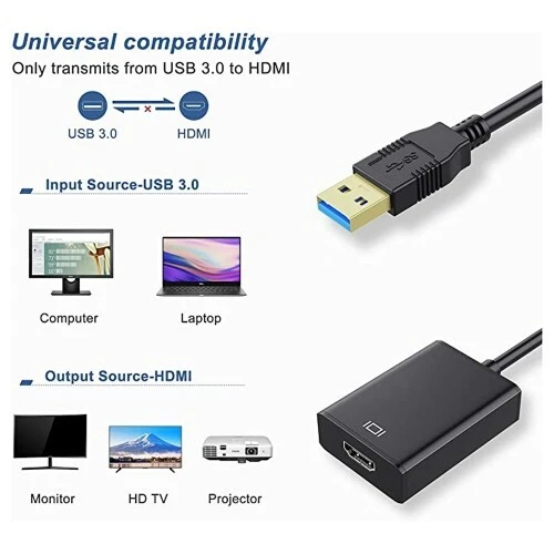 Adaptateur USB3.0 vers HDMI vidéo HD 1080p pour PC, ordinateur portable, TV HDTV, compatible avec Windows XP/7/8/8.1/10