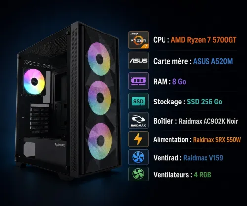 UNITE GAMING RYZ7 5700GT A520M 8GB 256GB VENTILO RAIDMAX AC902K PSU SRX550WAT BRAIDMAX V159 4XFAN