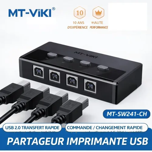 Commutateur de partage automatique d'imprimante USB2.0 4ports avec 4 câbles d'imprimantes