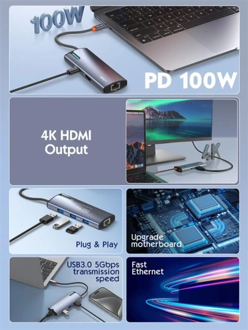 Station d'accueil USB-C/HUB 6en1 DS16H USB-C+HDMI+USB3.0*3+RJ45 (Gigabit 1000Mbp/s)LDNIO en métal