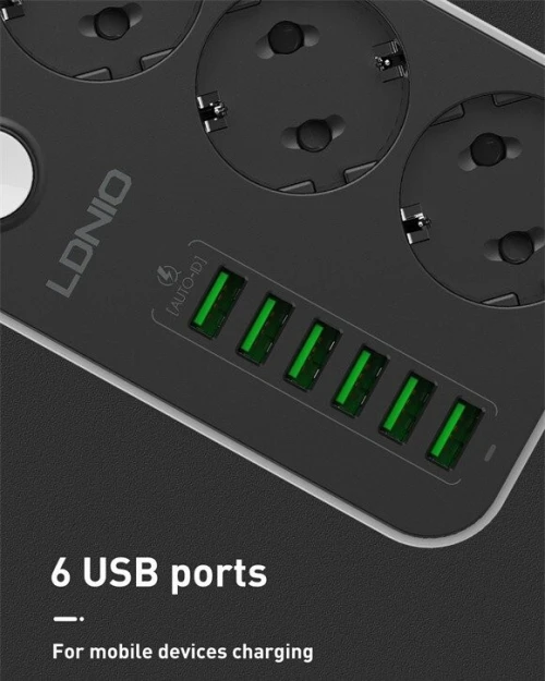 Multiprise/Rallonge LDNIO SE3631 3 Prises Secteur & 6 Ports USB (17W / 3.4A) Câble 2m
